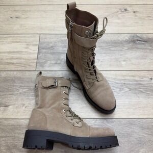 Sam Edelman Junip Tan Suede Combat Boots Lug Sole Side Zip Buckle Detail Size 8